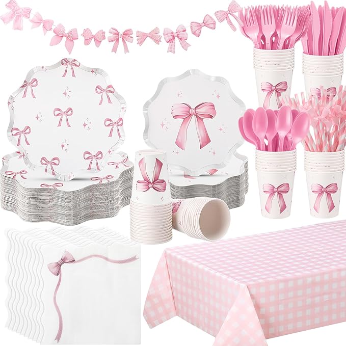 Sawysine 202 Pcs Pink Bow Party Supplies Serve 25 Disposable Dinnerware Set Coquette Birthday Decoration, 50 Bow Plates 25 Cups 25 Napkins 25 Plastic Forks 25 Knives 25 Spoons 25 Straw Flag Tablecloth