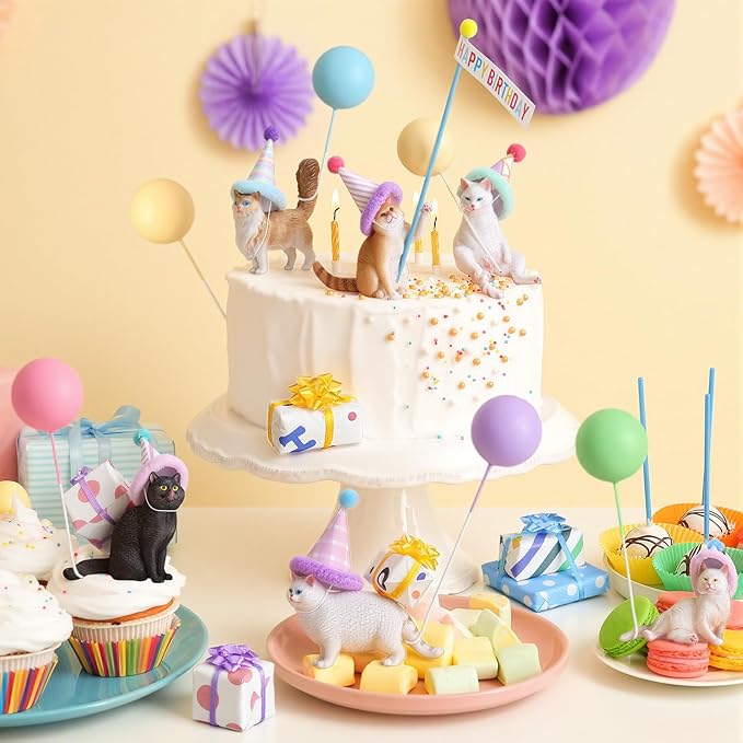 Weysat 37 Pcs Cat Birthday Party Decorations, Cat Cake Cupcake Toppers with Mini Hats Miniature Flags Gift Boxes Balls Figure Models for Kitty Birthday Party Supplies Adults
