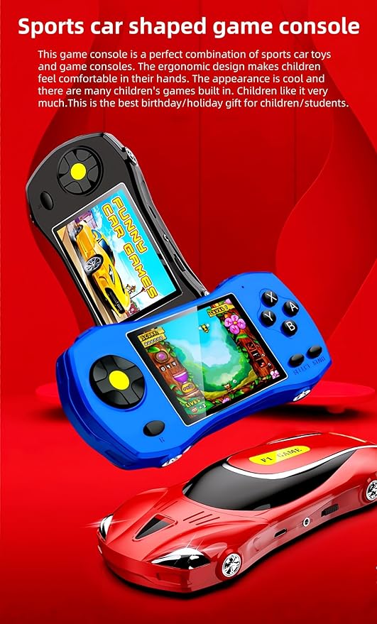 3.0" Sports car Shape Handheld Game Console Built-in 250 Action/Fighting/Sports/Racing/Puzzle Retro Video Games Kid's Portable Electronic Puzzle Toy Children's Birthday (Blue)