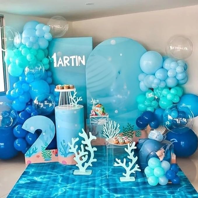 Teal Blue Balloons 12 Inch 60pcs Ocean Turquoise Blue Party Balloons Transparent Metallic Pastel Light Blue Latex Helium Balloon for Under The Sea Birthday Baby Shower Shark Party Decorations