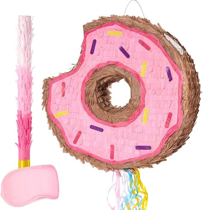 WERNNSAI Donut Piñata - Pink Donut Piñata with String Birthday Party Decorations Piñata with Stick Blindfold for Girls Kids Dount Pull String Piñata Family Games Birthday Party Supplies