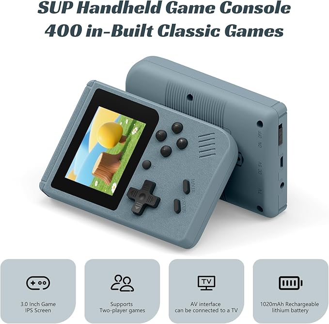 Retro Handheld Games Console, Built-in 400 Video Games,Portable Video Gaming Player with 3.0 Inch IPS Screen and Rechargeable Battery (Gray)