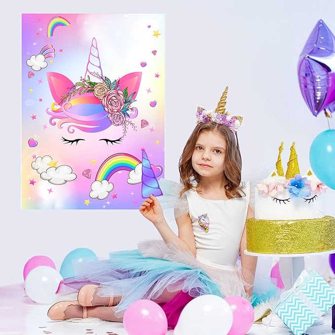 ASTARON Pin The Horn on The Unicorn Game for Kids Birthday Party, Unicorn Party Game with 30 pcs Horn Stickers Birthday Party Supplies for Wall Home Room Decorations