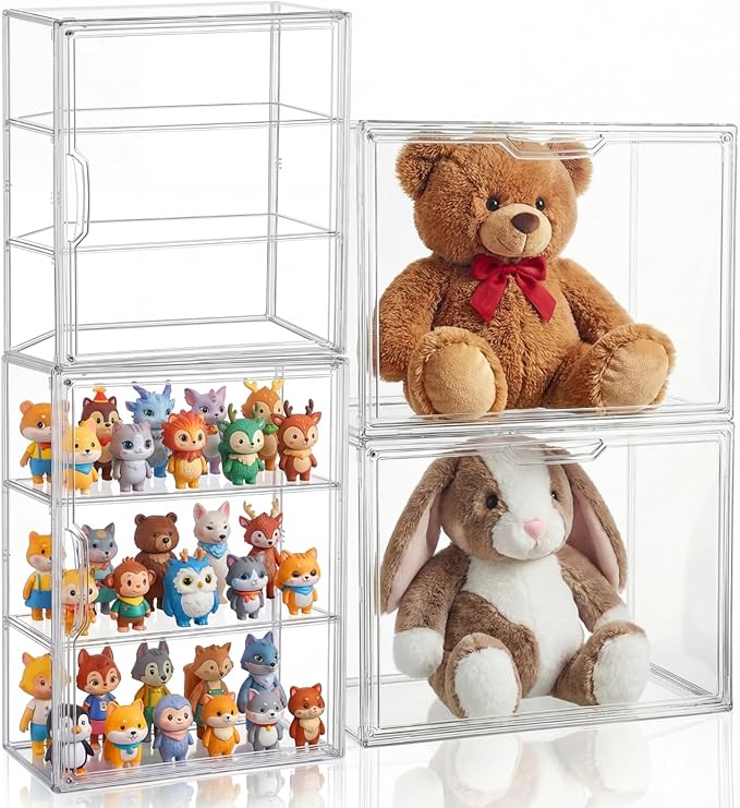 4 Pcs Clear Acrylic Display Case Plastic Stackable Storage Bins 3 Tier Display Shelf Storage Boxes Cabinet Organizer with Magnetic Door for Action Figures,Collectibles(Small)