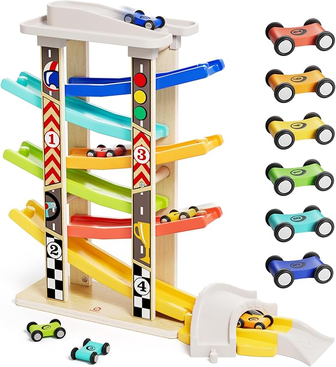 TOP Bright Wooden Race Track Car Ramp Toys for Toddlers 1-3 Years Old with 6 Mini Cars, 1 Car Garage & Extra Bridges, Toddler Montessori Toys for 1 Year Old Boys Girls Birthday