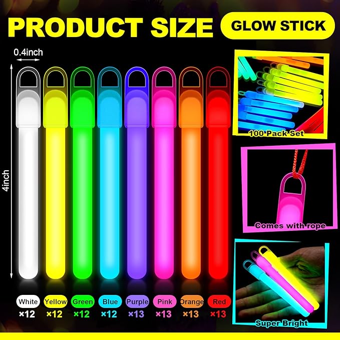 Lewtemi 100 Pack 4" or 6" Bright Glow Sticks Bulk, Glow in the Dark Party Supplies Birthday and Holidays (4 Inch,Macron Color)
