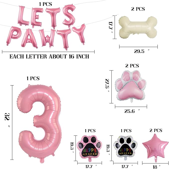 3rd Dog Balloons 18pcs Lets Pawty Balloons Dog Paw Birthday Decor Pink 32 inch Pink Number Balloons 3 Mylar Foil Balloons for Lets Pawty Birthday Decorations Dog 3rd Birthday Party Supplies