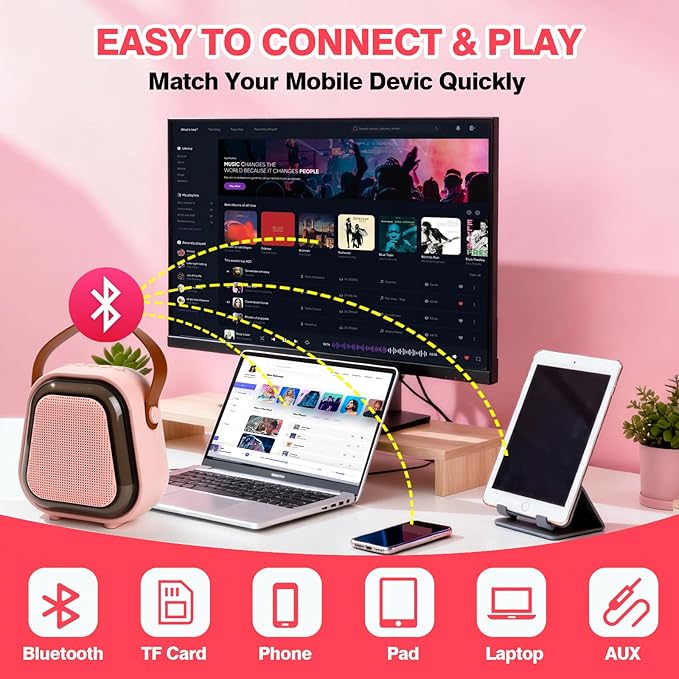Mini Karaoke Machine for Kids, Karaoke Speaker with LED Lights, Portable Bluetooth Entertainment System with 2 Microphones, Dynamic Color-Changing Effects for Kids (Pink+2 Mic)