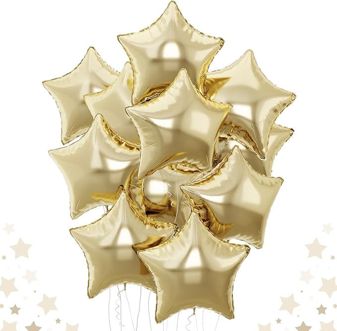 Gold Star Foil Balloons, 18 Inch Light Gold Stars Shape Foil Helium Balloons, 10 Pcs Large Light Yellow Pentagram Balloon Party Decorations for Birthday Wedding Baby Shower Graduation Supplies