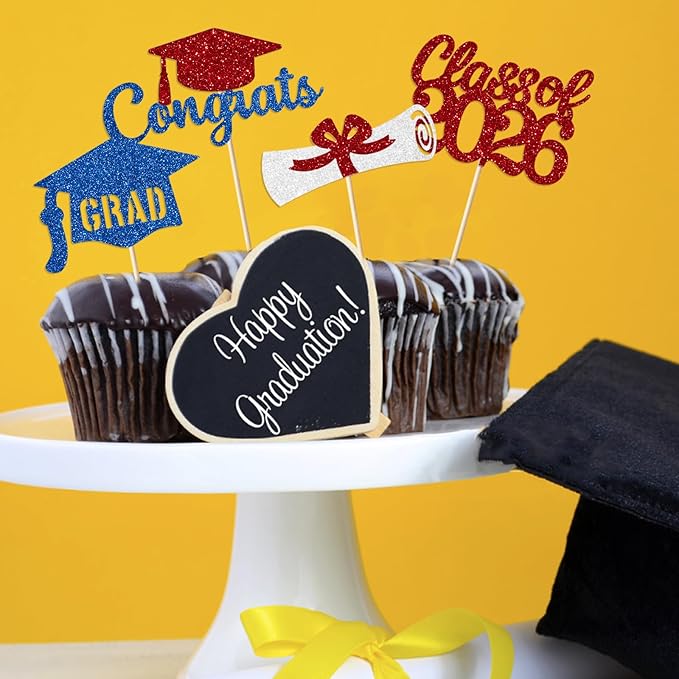 Red and Blue Graduation Cupcake Toppers Decorations Class of 2026 Cupcake Topper Graduation Cup Cake Picks Congrats Grad Party Decor Supplies Set of 24
