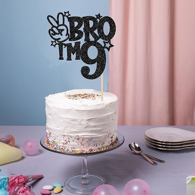 1 PCS Brother I'm 9 Cake Topper Glitter Star Happy 9th Birthday Cake Pick Bro I'm 9 Cake Decoration It's My 9th Birthday Decorations for Boys Cheers to 9 Years Old Birthday Party Supplies Black