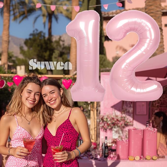 SUWEN 40 Inch Pink Large 12 Number Balloons Big Foil Helium Number Balloons 0-9 Jumbo Happy 12th Mylar Birthday Party Decorations for Girl or Women 21 Anniversary Party Supplies