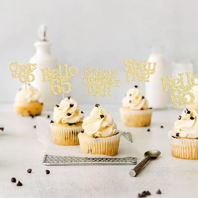 Ephlyn 24Pcs 65th Birthday Cupcake Toppers Glitter Straight Outta 1961 Cupcake Picks Hello 65 Cheers to 65 Years Cake Decorations for 65th Birthday Anniversary Party Decorations Supplies Gold