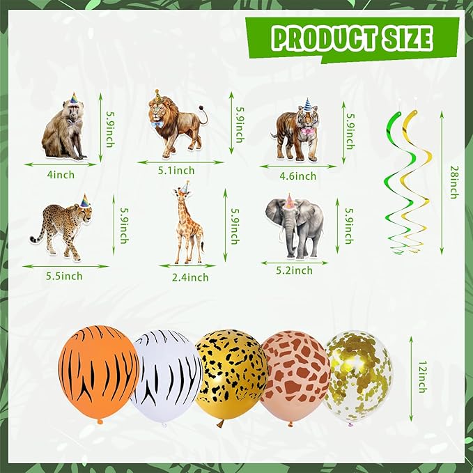 Safari Birthday Party Decorations, Jungle Wild Animals Birthday Party Supplies Decor with Backdrop, Banner, Balloons, Cake Toppers, Tablecloth, Centerpieces, Hanging Swirls