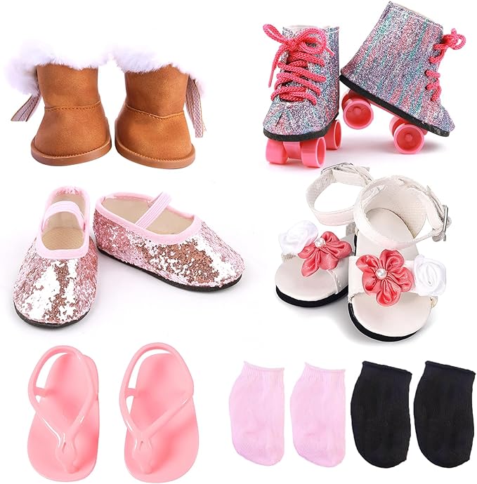 18 inch Doll Accessories, 5 Pairs of Doll Shoes+2 Socks 18” Doll Shoes Includes Snow Boots/Roller Skates/Sandals/Flip-Flops/Dance Shoes/Pink/Black Socks for American Doll Boy or Girl Dolls