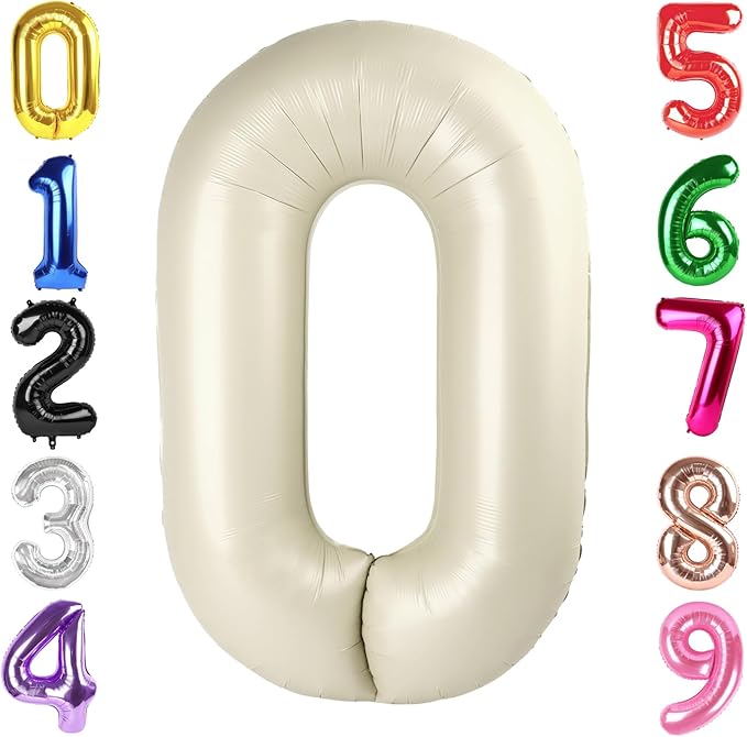 40 Inch Cream Number 0 Balloon, Giant Number 0 Balloons for 10th 20th 30th 40th Birthday Decorations, Party Supplies for Baby Boy Girl, Cream Party Decor