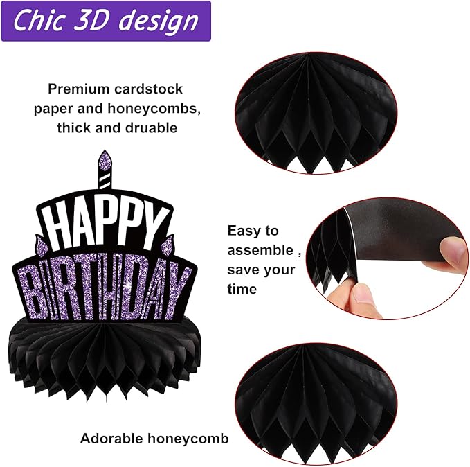 Pajean 8 Pieces Purple and Black Birthday Party Honeycomb Centerpieces Purple Black Table Centerpieces Decorations Table Centerpiece Sign for Kids Adults Party Supplies