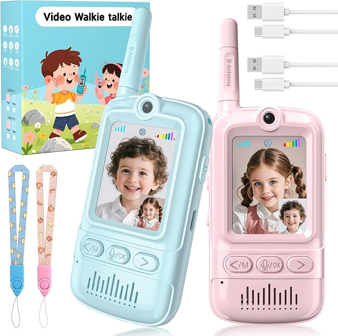 Artman Video Walkie Talkies for Kids, 2 Pack Rechargeable Walkie Talkies with Screen, Long Range Two Way Radios Toys for Family Games, Outside, Camping, Birthday for Boys Girls Ages 3-12 (Blue & Pink)