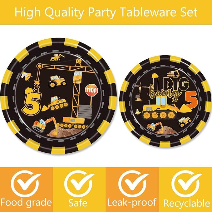 80 Pcs Construction 5th Birthday Party Supplies Dump Truck Theme Five Decorations Tableware Includes Plates, Napkins, Forks for Boys Construction Five Years Old Birthday Party Decorations Favors