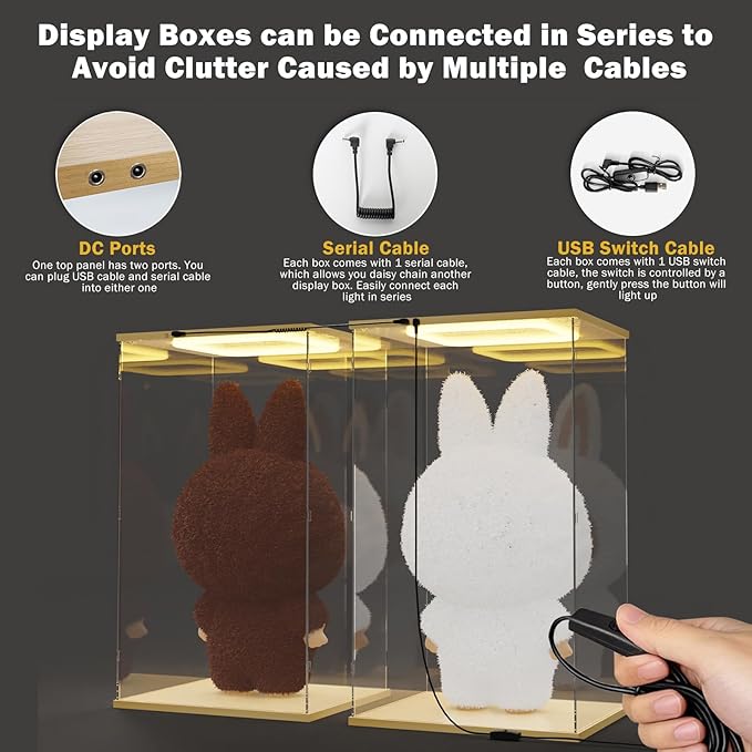 Nynelly Acrylic Display Case for Zimomo Labubu with Light, Clear Display Box for Large Collectibles Doll, Assemble Dustproof LED Showcase Storage Box with Door & Wooden Base, 13.8x11.8x23.6in