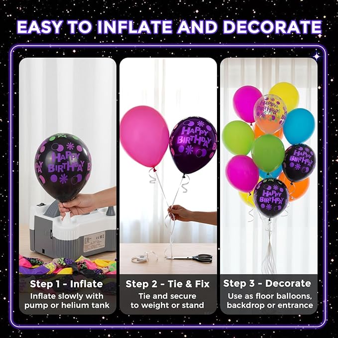 LovesTown 66PCS Glow Balloons Assortment, 12" UV Neon Latex Decorations Happy Birthday Fluorescent Balloons for Birthday, Wedding & Glow Party Supplies