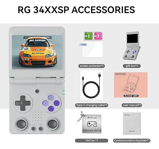 Anbernic RG34XXSP Retro Gaming Console – Flip Design, 3.4'' IPS Screen 720×480, 64G TF Card with 5000+ Games, Portable Handheld, 3300mAh Battery, WiFi HDMI Bluetooth (Gray 64G)