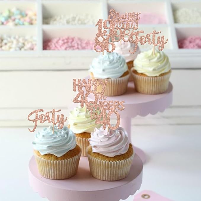 30PCS 40th Birthday Cupcake Toppers Glitter Forty Happy 40th Straight Outta 1986 Cupcake Picks for Cheers to 40 Years Birthday Wedding Anniversary Party Decorations Supplies Rose Gold