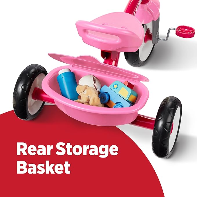 Radio Flyer Pink Rider Trike, Ages 2.5-5, Adjustable Seat, Steel Construction, Quiet Ride Wheels, Storage Bin, Comfort Grip Handlebars, Tricycle for Toddlers, Amazon Exclusive