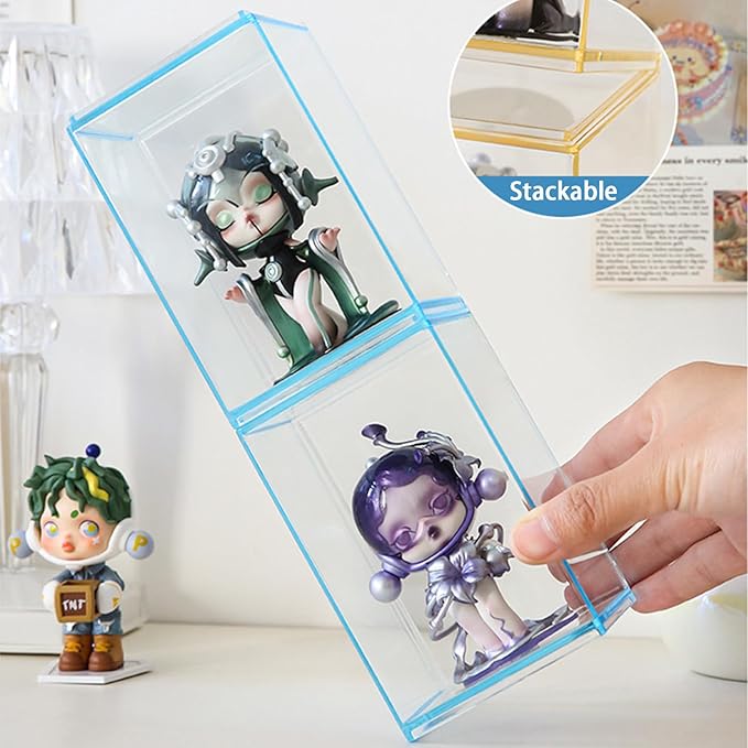 3 PCS Acrylic Display Boxes Colorful Figures Display Case for Funko Pop Figures, Stackable Blind Box Fully Assembled Dustproof Storage Organizer Box for Lego Collectibles Action Figures Pop Mart