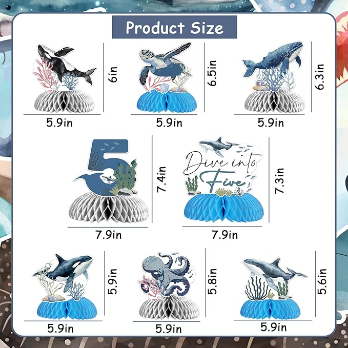 8Pcs Dive Into Five Honeycomb Centerpieces for Boys, 5th Birthday Ocean Themed Under The Sea Table Toppers Five Years Old Party Supplies