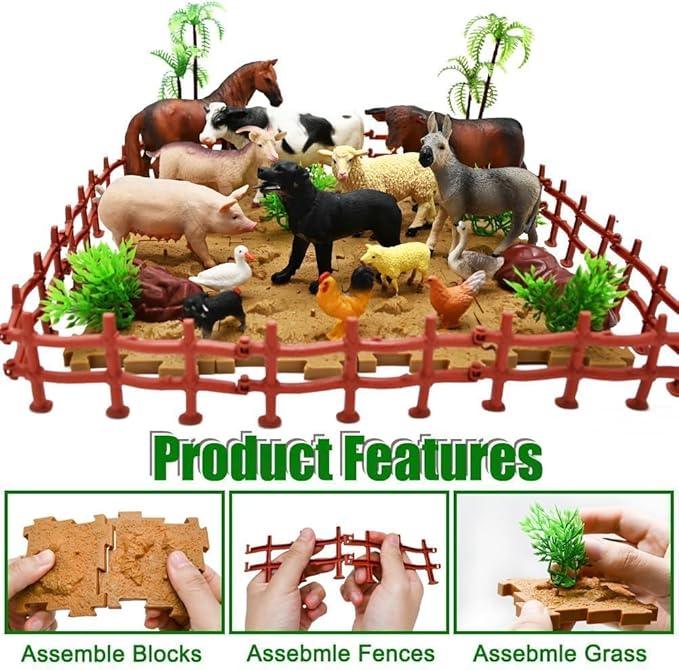 BOLZRA Farm Animal Figurines, Realistic Plastic Animals Toys with Fences Building Blocks, Farm Figures Playset Educational Christmas Birthday Gift for Kids & Toddlers, 53 PCS