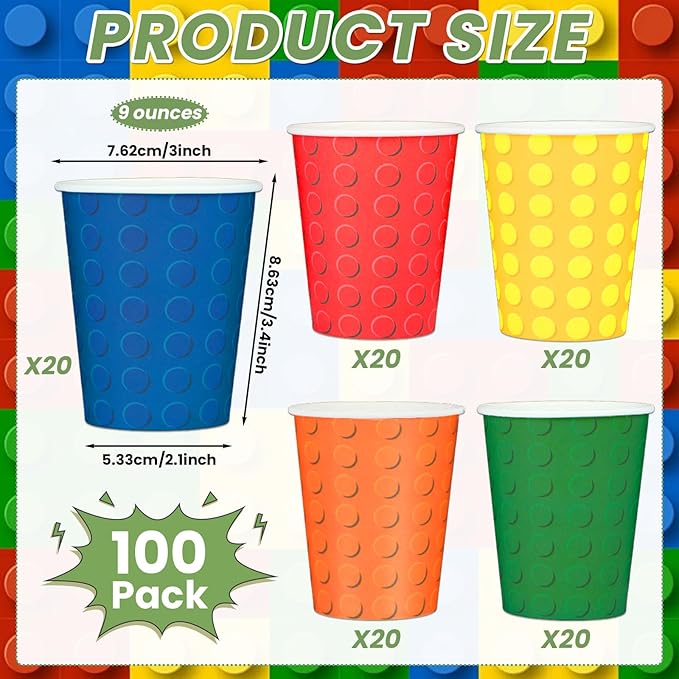 100pcs Building Blocks Party Paper Cups Colorful Blocks Bricks Disposable Cups for Block Party Decorations Building Bricks Paper Drinking Cups for Building Block Birthday Party Supplies and Favors