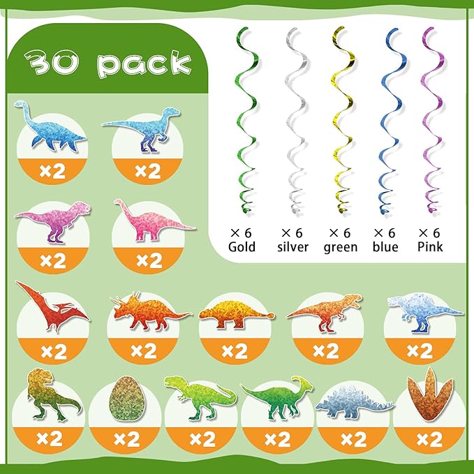 Dinosaur Birthday Party Supplies 30 Pack Watercolor Dino Foil Ceiling Hanging Swirls Streams Garland Banner Party Decor Happy Birthday Decor for Kids Jungle Dinosaur Theme Birthday Party Baby Shower