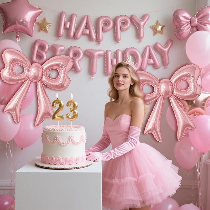 Bow Number 2 Birthday Balloons, 40” Pink Aluminum Foil Balloons Happy Birthday Balloon for Girl 2nd Birthday Party, Princess, Coquette Party Decorations Supplies