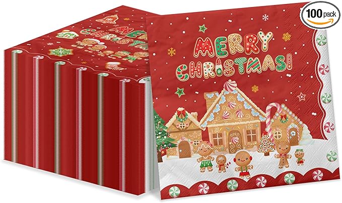 100Pcs Christmas Gingerbread Napkins, 13 x 13inch Snowflakes Xmas Luncheon Paper Napkin Red Santa Party Napkins for New Year Winter Holiday Christmas Party Supplies