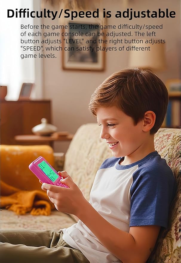 Green Backlight Block Game Console Built-in 23 Building Brick Retro Games Electronic Cube Puzzle Kid's Birthday Outdoor/Indoor/Travel Leisure Entertainment (Pink)
