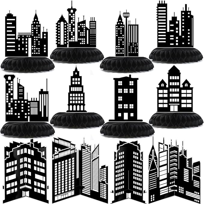 Pickmesh 12 Pieces Hero Party Decorations City Skyscraper Honeycomb Centerpieces Table Decorations Skyline Buildings Table Topper for Hero Birthday Skyscraper Party Supplies