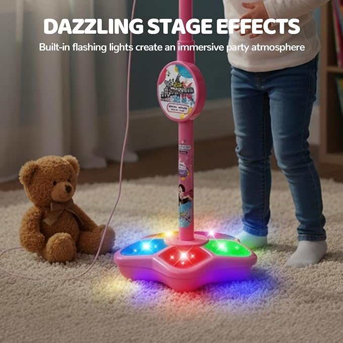 Kids Microphone with Stand - 2026 New Karaoke Machine for Budding Singers, Built-in Music & Echo, 6 Colorful Lights, Adjustable Stand for Girls Boys Birthday Gift(Black) (Black)