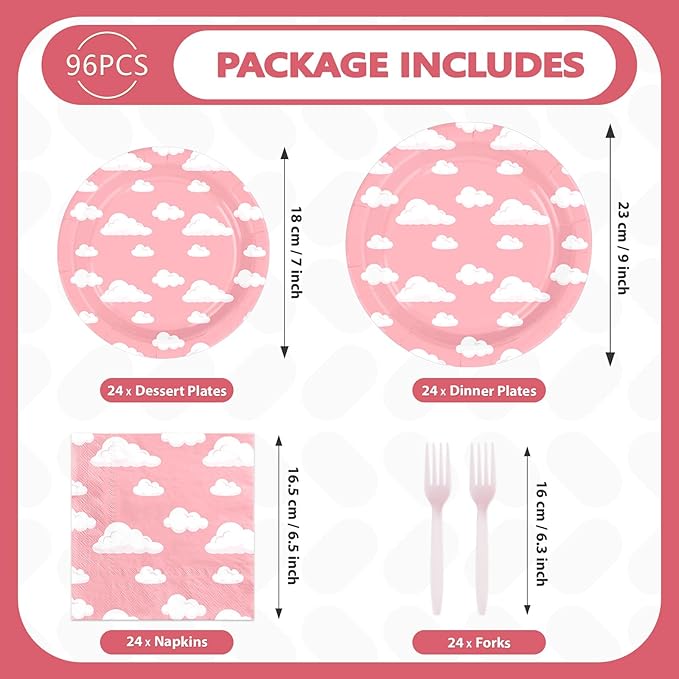 96 Pcs Pink Sky White Clouds Party Supplies Cartoon Story Plates and Napkins Disposable Clouds Theme Tableware Set for Girls Birthday Baby Shower Party Decorations Serves 24