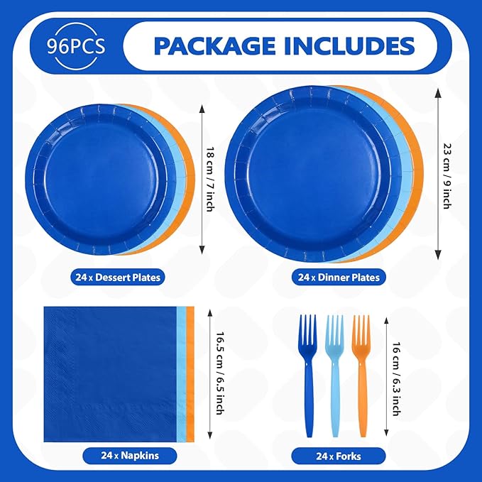 96Pcs Blue Theme Dog Birthday Party Decorations Blue Orange Dog Birthday Plates and Napkins Tableware Set Orange and Light Navy Blue Decoration for Boys Girls Cartoon Bday Party Supplies Serves 24