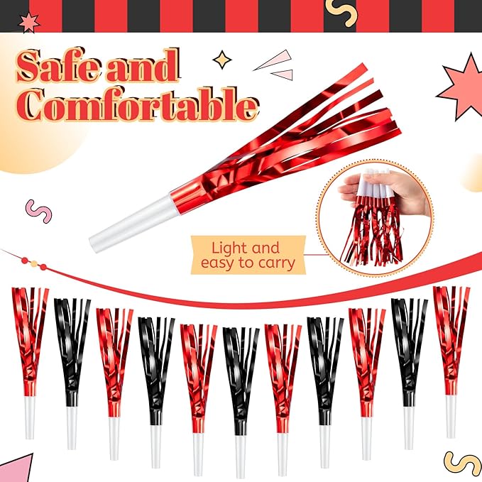 Sumind 24 Pcs Black and Red Noise Makers Glitter Noise Makers Metallic Fringed Party Blowers for Adults Birthday Graduation Sporting Events 2026 New Years Party Favor Supplies