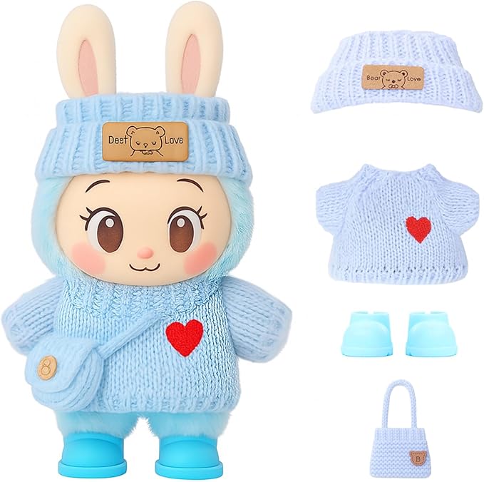 2026 New Crochet Doll Clothes Set for 17cm (6.7 inch) Dolls - 4 Piece Outfit with Hat, Dress, Backpack & Shoes - Cute & Stylish Accessories for, Light Blue (Doll Not Included)