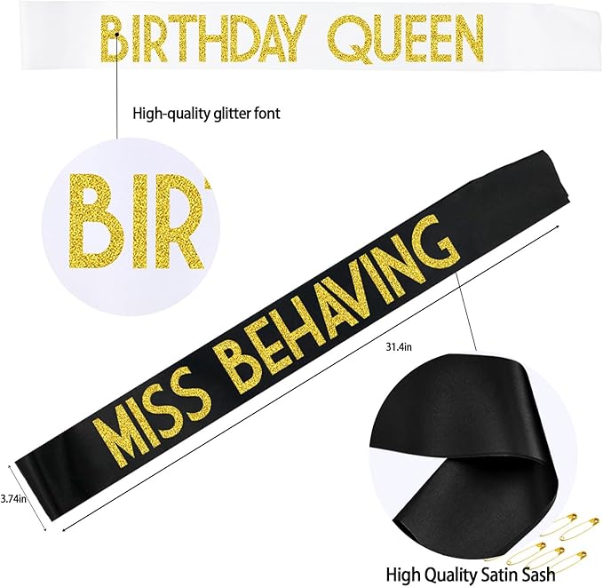 12 Pack Queen Sashes for Women - Birthday Squad Sash Set, Funny Gifts Sashes for Women's Birthday Party Supplies (Black + White + Gold Glitter Letters)
