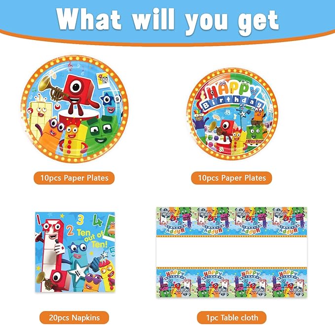 Number Blocks Party Supplies 41Pack include 20 plates, 20 napkins 1 tablecloth for birthday party Decoration (Block)