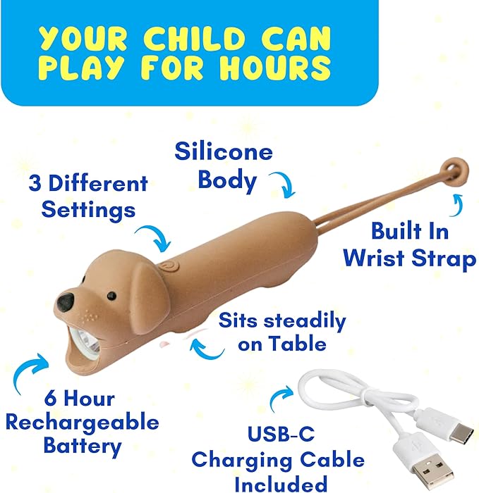 Rechargeable Kids Flashlight for Boys & Girls - Soft Silicone Dog Puppy Toy Light, Eye-Protection Dimmable 3 Modes, USB-C Charging, Small Handheld Flashlight for Camping, Reading, Birthday Gift