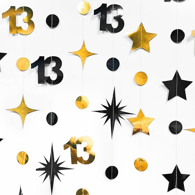 Black Gold 13th Birthday Decorations Number 13 Circle Dot Twinkle Star Garland Metallic Hanging Streamer Banner Backdrop Girls Boys 13 Years Old Birthday Thirteen Official Teenager Party Supplies