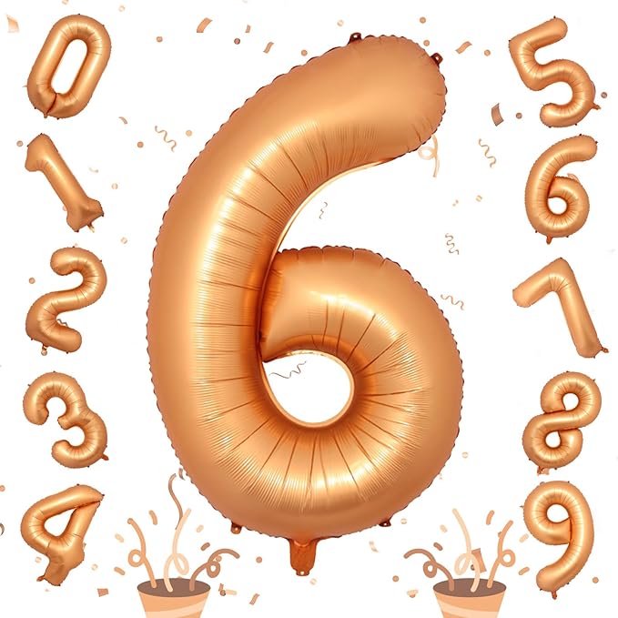 Giant Number Balloons 6, Orange Self Inflating Number 6 Balloon for Kids, 40 Inch Foil Helium 0-9 Set Balloon for Girls Boys 6th Birthday Party Decor Anniversary Celebration Party Decorations Supplies