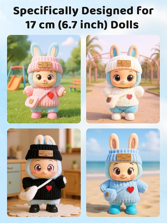 (4 Pack) Clothes for LABUBU 17cm Doll (NO Dolls), Exquisite Luxury Designer Outfits for LABUBU Includes Hat, Dress, Backpack & Shoes, Cute and Stylish Accessories for LABUBU