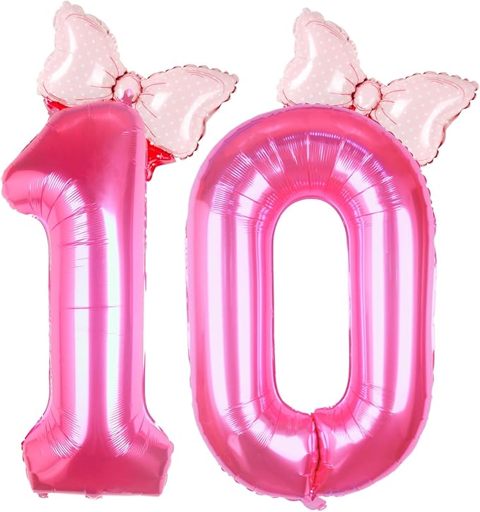 40 Inch Pink Number 10 Balloon with Mini Bow Balloon for Girls 10th Birthday Party Decorations, Pink Princess Western Cowgirl Theme Sweet Ten Birthday Party Balloons Decorations Supplies Favors