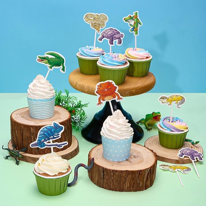 WERNNSAI 35 PCS Reptile Cupcake Toppers - Reptile Birthday Party Decorations for Kids Boys Snake Frog Cake Toppers Reptile Party Leopard Gecko Dessert Cake Insert Jungle Camping Cupcake Supplies